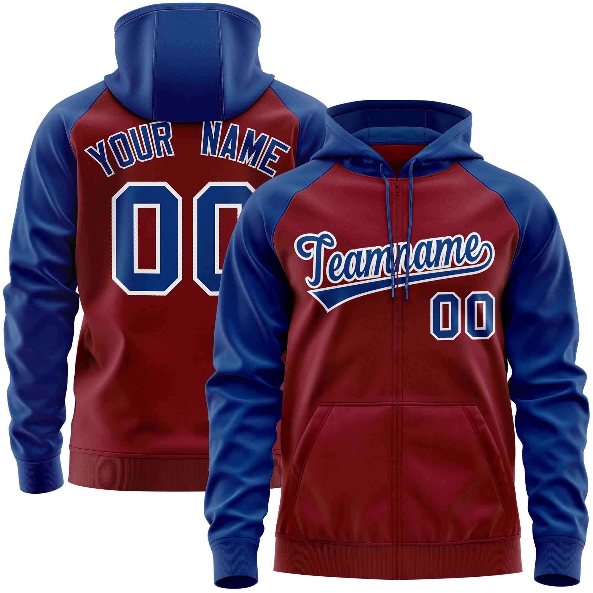 Custom Stitched Crimson Royal Raglan Sleeves Sports Full-Zip Sweatshirt Hoodie