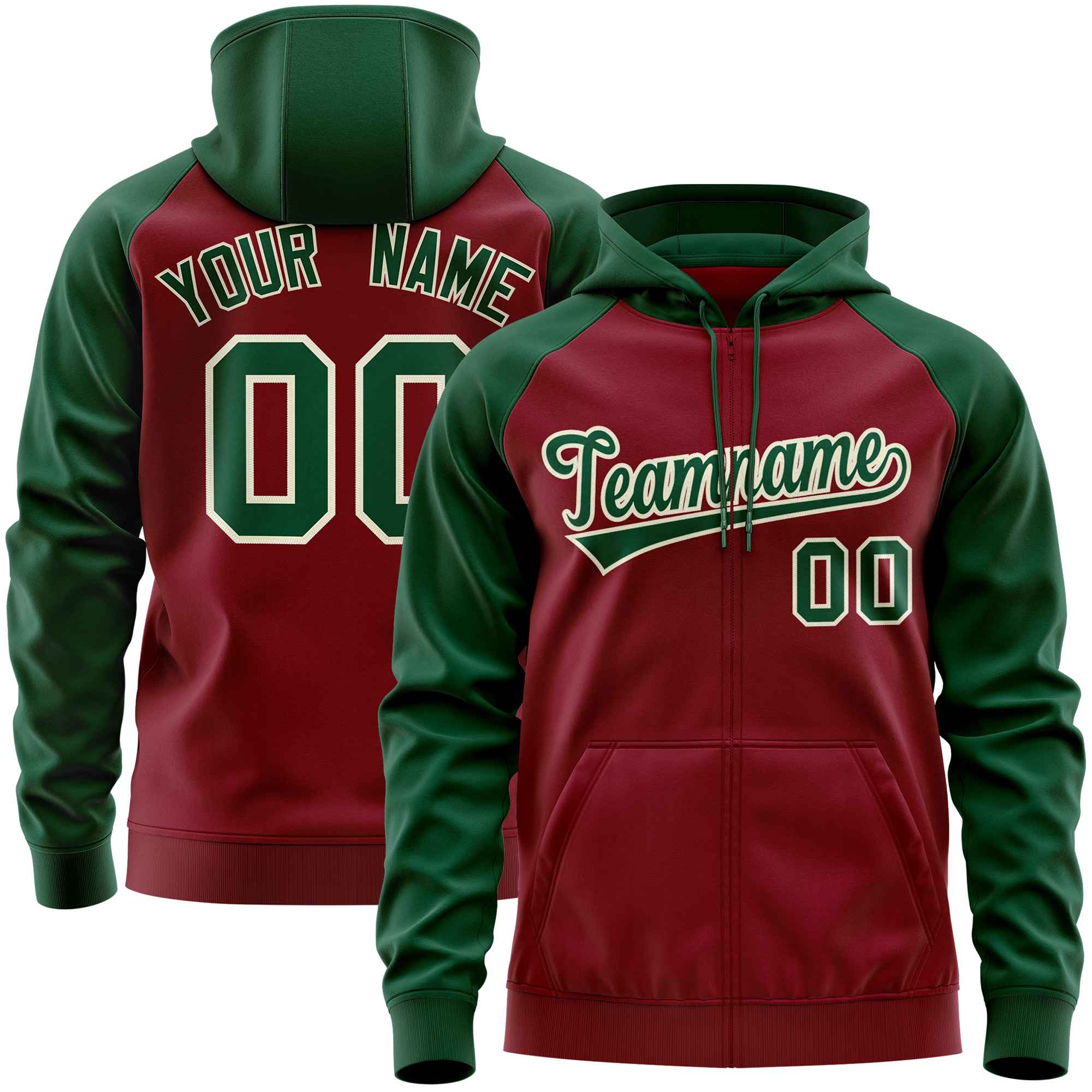 Custom Stitched Crimson Green Raglan Sleeves Sports Full-Zip Sweatshirt Hoodie