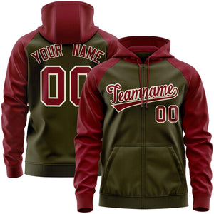 Custom Stitched Olive Crimson Raglan Sleeves Sports Full-Zip Sweatshirt Hoodie