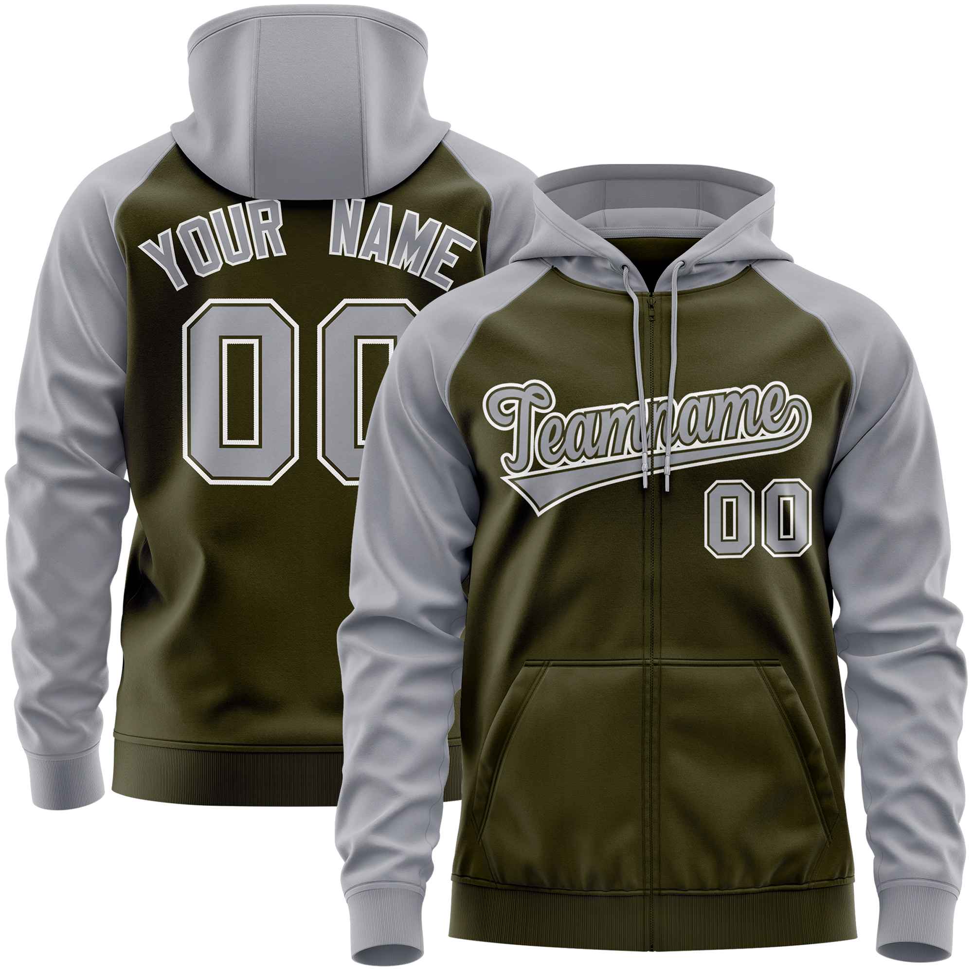 Custom Stitched Olive Light Gray Raglan Sleeves Sports Full-Zip Sweatshirt Hoodie