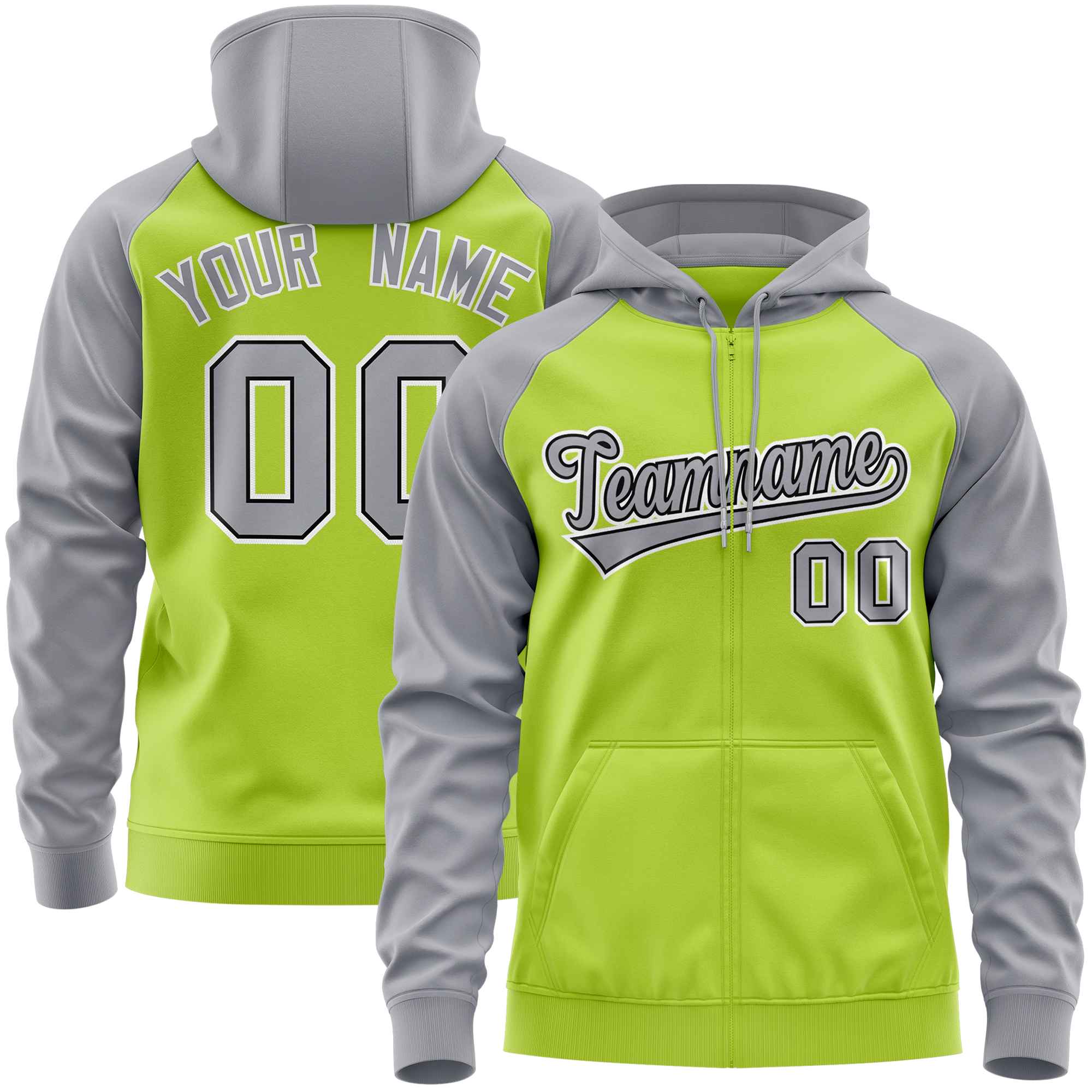 Custom Stitched Neon Green Light Gray Raglan Sleeves Sports Full-Zip Sweatshirt Hoodie