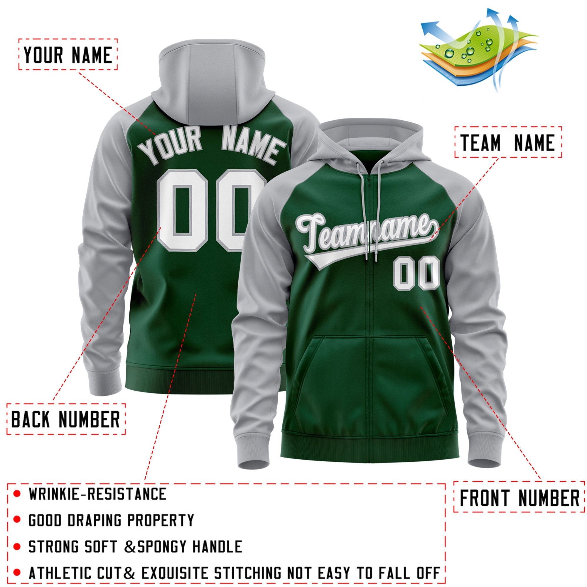 Custom Stitched Green White-Gray Raglan Sleeves Sports Full-Zip Sweatshirt Hoodie