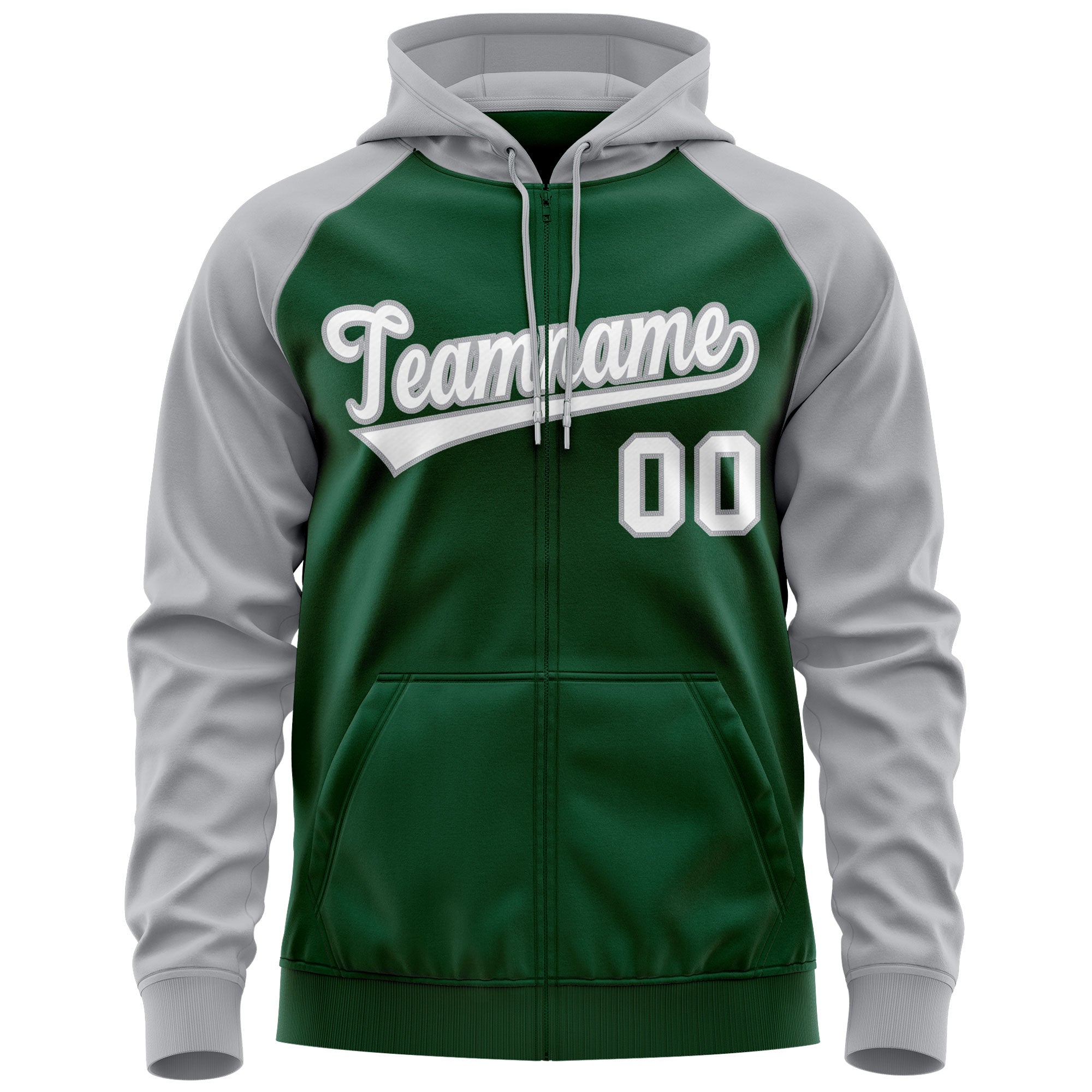 Custom Stitched Green White-Gray Raglan Sleeves Sports Full-Zip Sweatshirt Hoodie