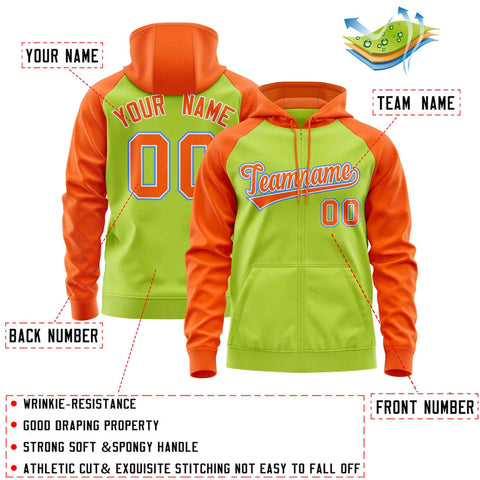 Custom Stitched Neon Green Orange Raglan Sleeves Sports Full-Zip Sweatshirt Hoodie