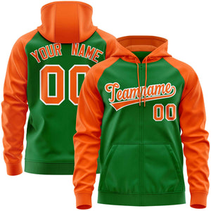 Custom Stitched Kelly Green Orange Raglan Sleeves Sports Full-Zip Sweatshirt Hoodie