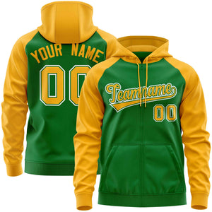 Custom Stitched Kelly Green Gold Raglan Sleeves Sports Full-Zip Sweatshirt Hoodie