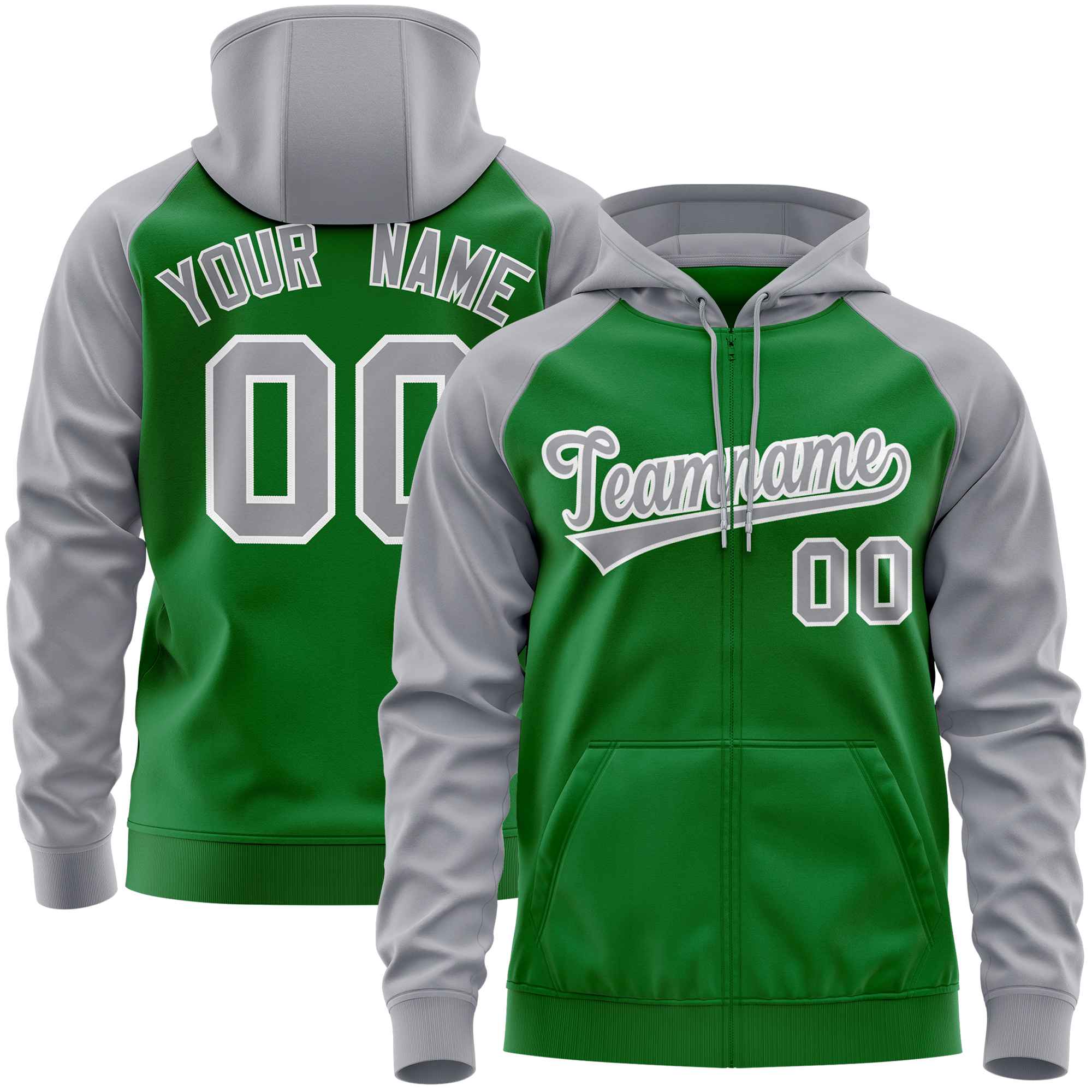 Custom Stitched Kelly Green Light Gray Raglan Sleeves Sports Full-Zip Sweatshirt Hoodie