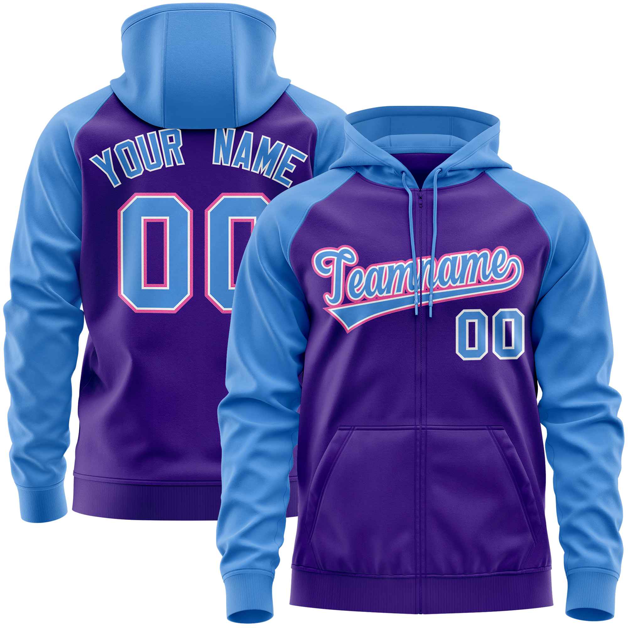 Custom Stitched Purple Powder Blue Raglan Sleeves Sports Full-Zip Sweatshirt Hoodie