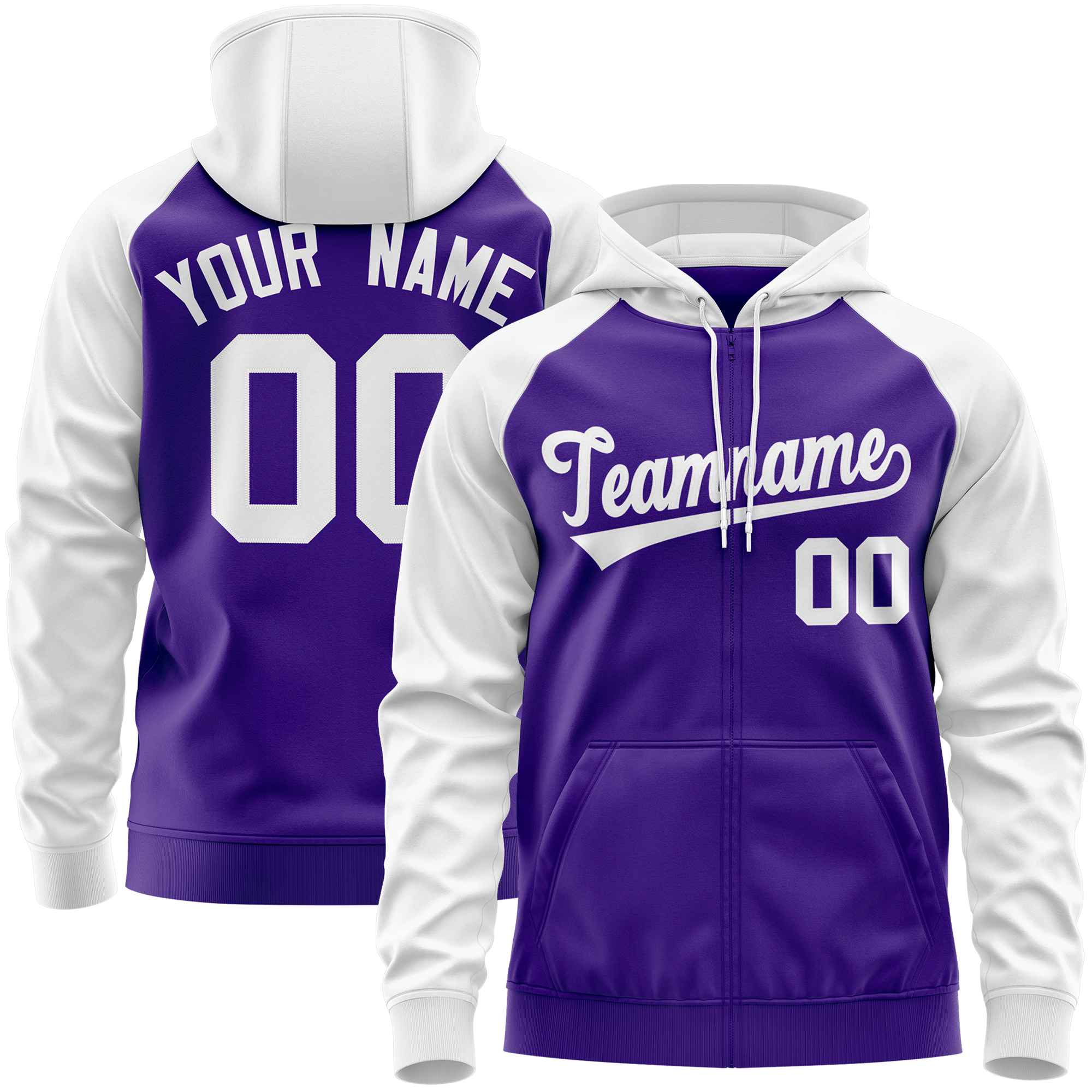 Custom Stitched Purple White Raglan Sleeves Sports Full-Zip Sweatshirt Hoodie