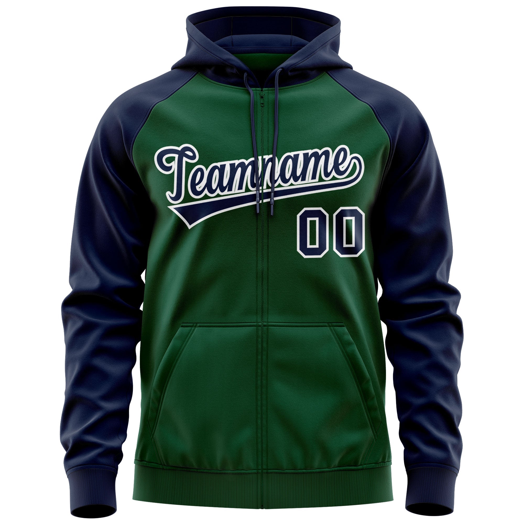 Custom Stitched Green Navy-White Raglan Sleeves Sports Full-Zip Sweatshirt Hoodie