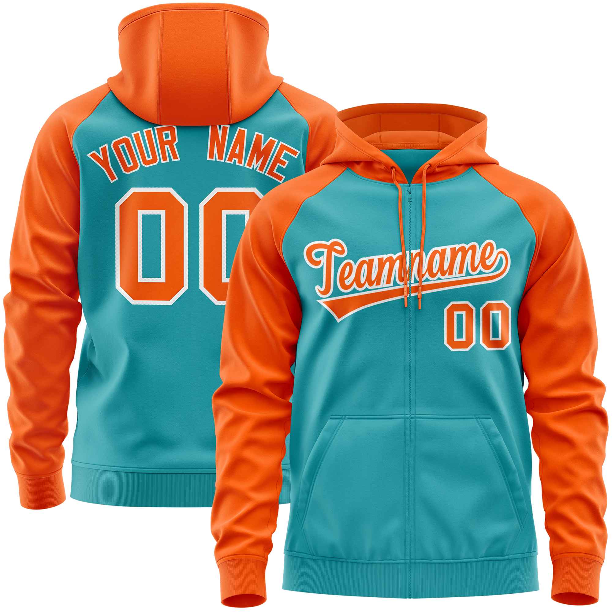 Custom Stitched Aqua Orange Raglan Sleeves Sports Full-Zip Sweatshirt Hoodie