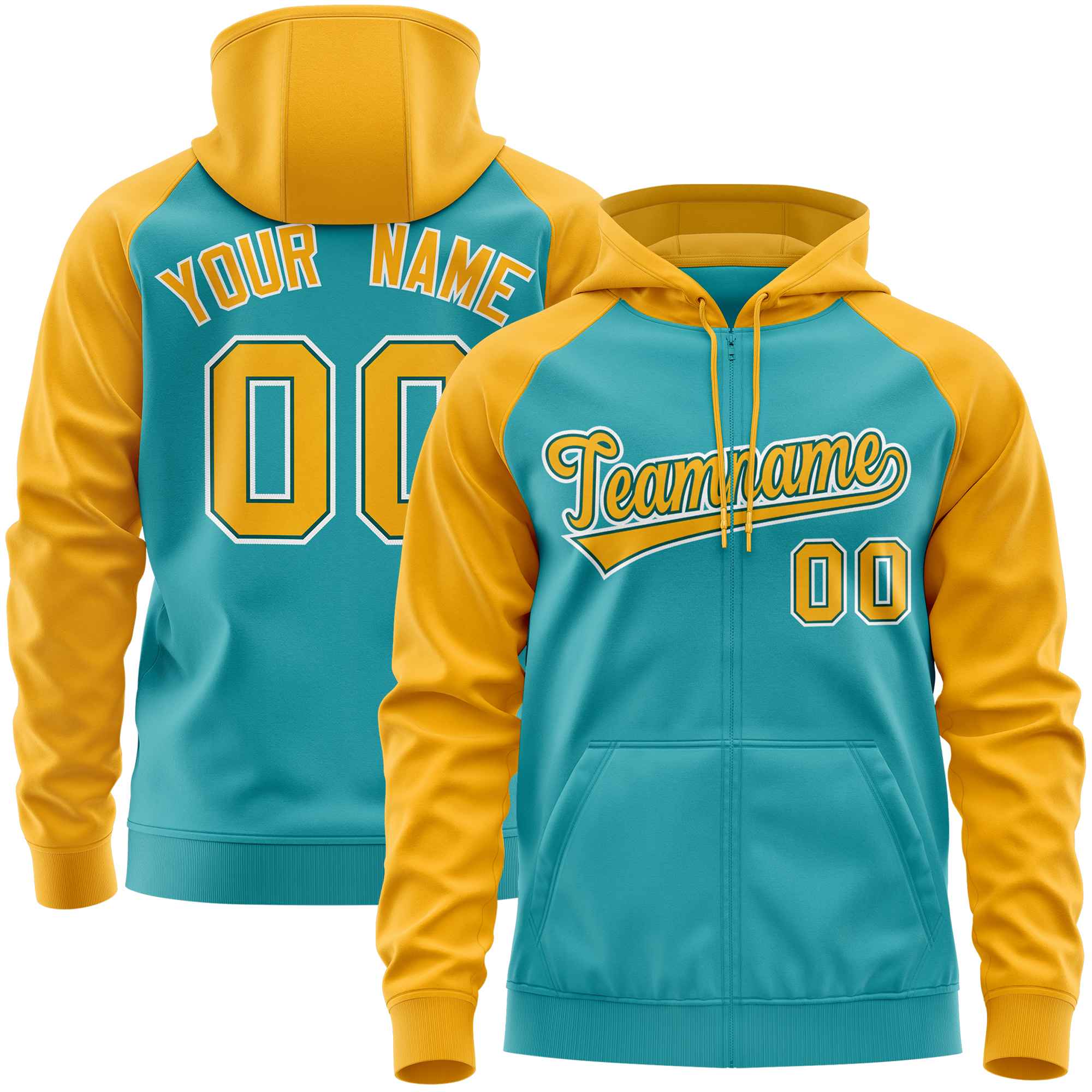 Custom Stitched Aqua Gold Raglan Sleeves Sports Full-Zip Sweatshirt Hoodie