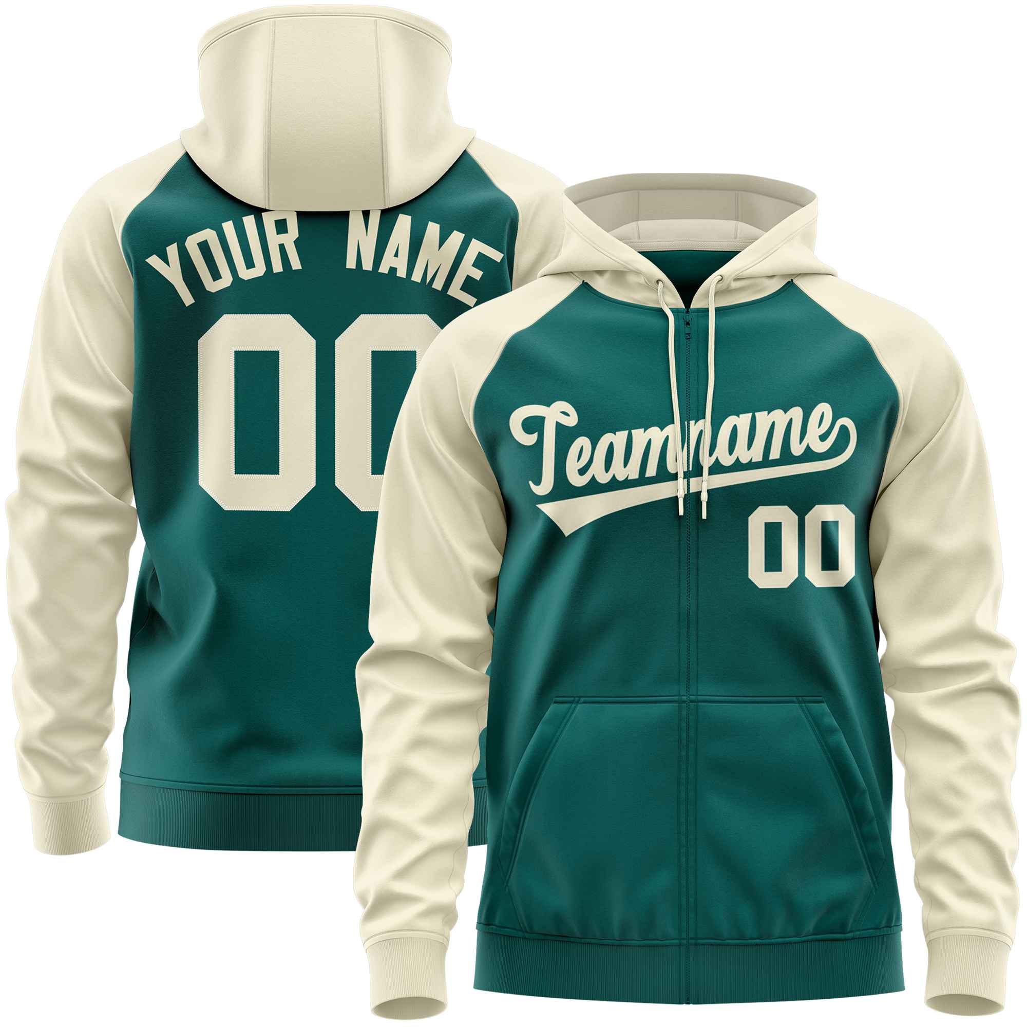 Custom Stitched Aqua Cream Raglan Sleeves Sports Full-Zip Sweatshirt Hoodie