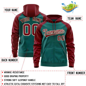 Custom Stitched Aqua Crimson Raglan Sleeves Sports Full-Zip Sweatshirt Hoodie