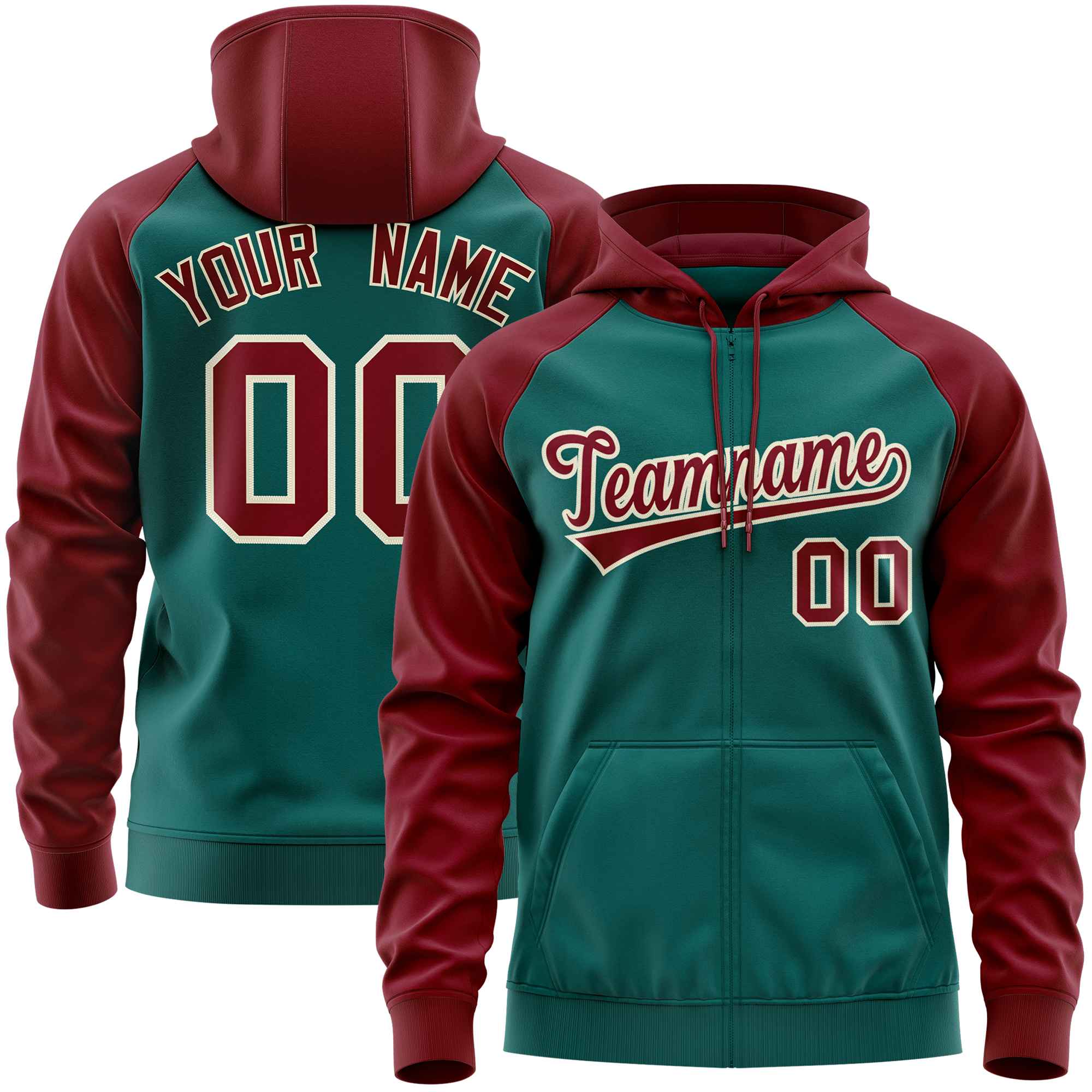 Custom Stitched Aqua Crimson Raglan Sleeves Sports Full-Zip Sweatshirt Hoodie