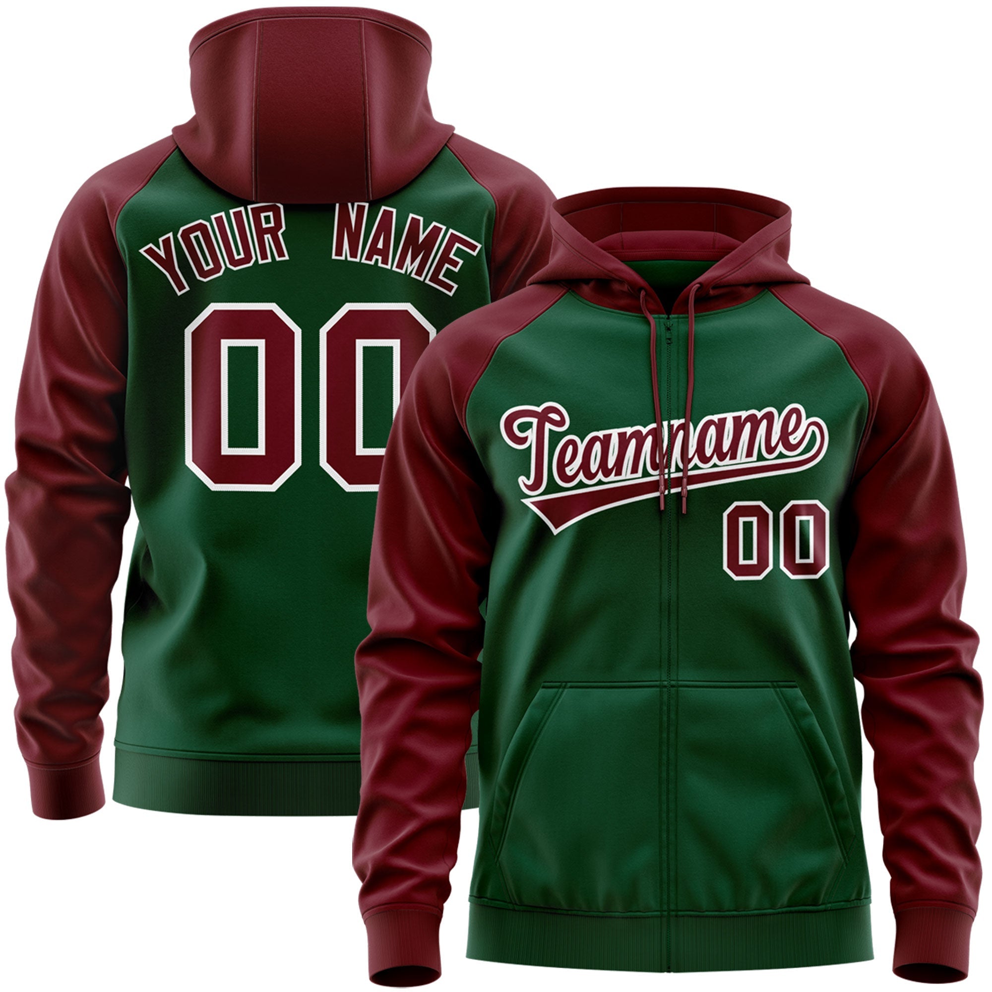 Custom Stitched Green Crimson-White Raglan Sleeves Sports Full-Zip Sweatshirt Hoodie