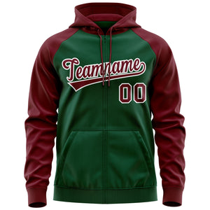 Custom Stitched Green Crimson-White Raglan Sleeves Sports Full-Zip Sweatshirt Hoodie