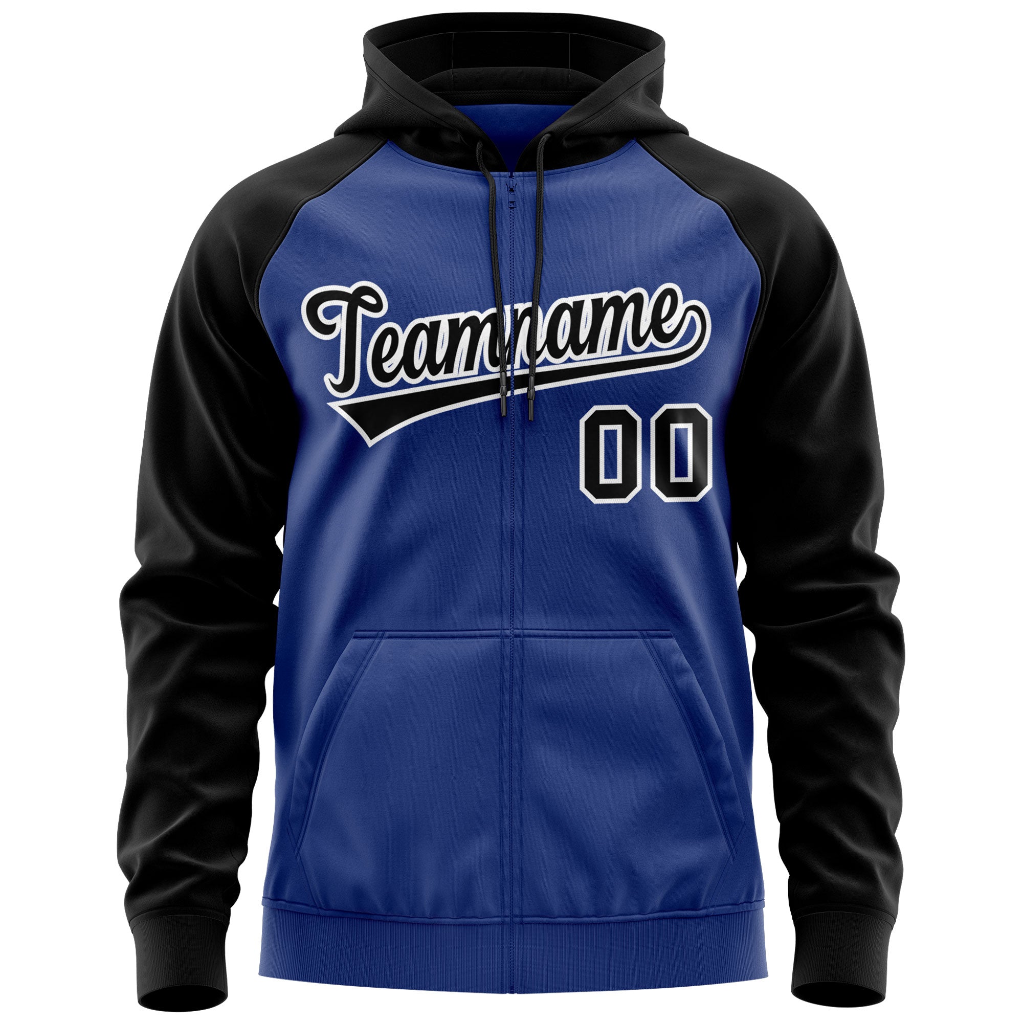 Custom Stitched Royal Black-White Raglan Sleeves Sports Full-Zip Sweatshirt Hoodie