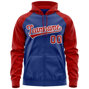 Custom Stitched Royal Red-White Raglan Sleeves Sports Full-Zip Sweatshirt Hoodie