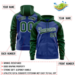 Custom Stitched Royal Green-White Raglan Sleeves Sports Full-Zip Sweatshirt Hoodie