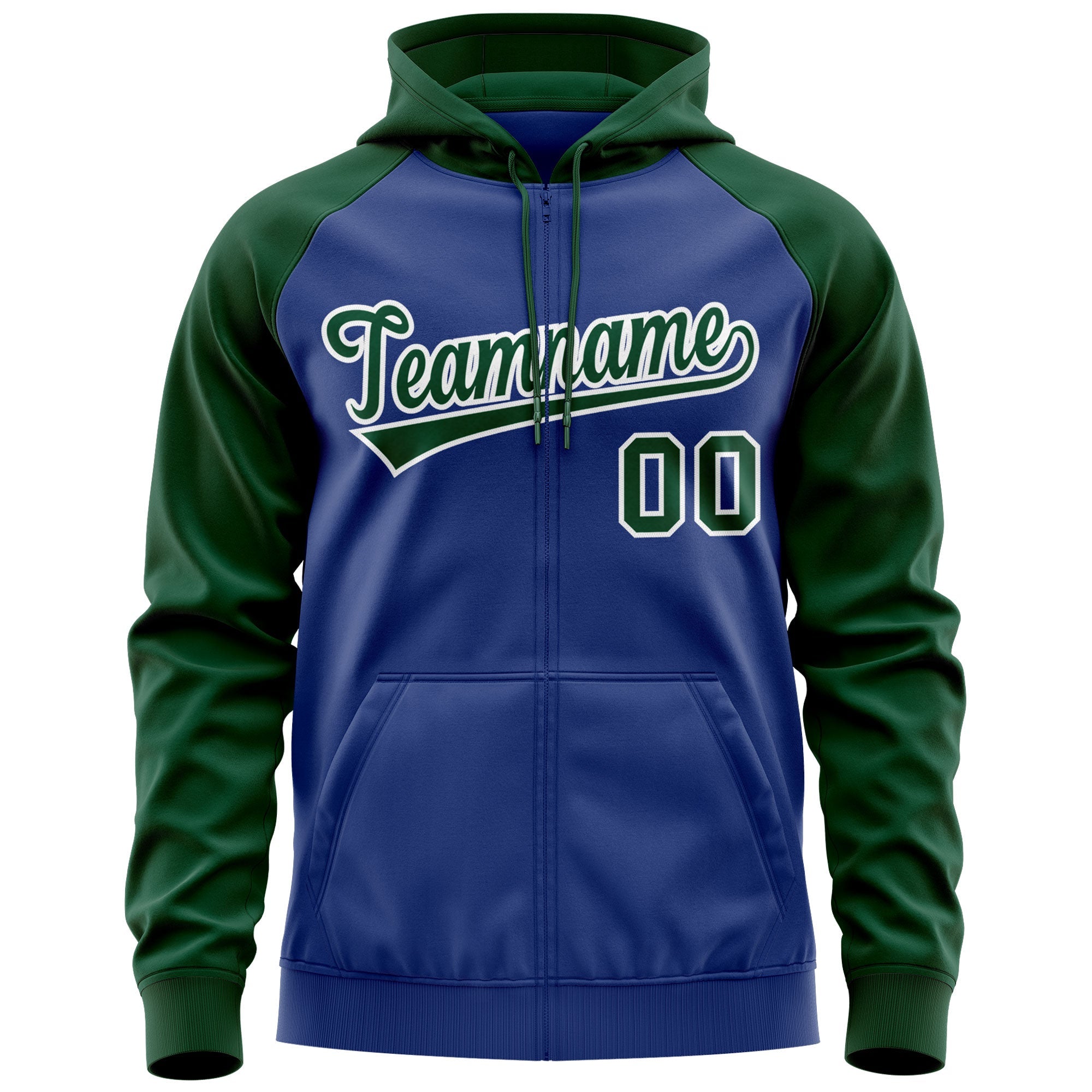 Custom Stitched Royal Green-White Raglan Sleeves Sports Full-Zip Sweatshirt Hoodie