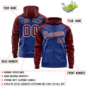 Custom Stitched Royal Crimson-White Raglan Sleeves Sports Full-Zip Sweatshirt Hoodie