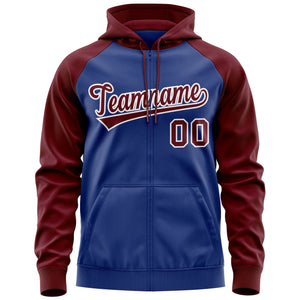 Custom Stitched Royal Crimson-White Raglan Sleeves Sports Full-Zip Sweatshirt Hoodie