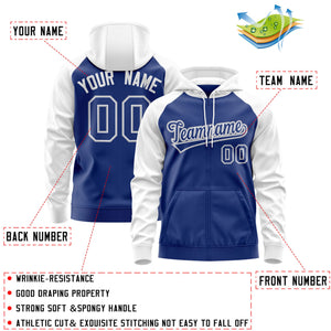 Custom Stitched Royal White-Gray Raglan Sleeves Sports Full-Zip Sweatshirt Hoodie