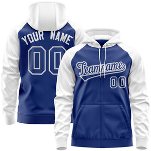 Custom Stitched Royal White-Gray Raglan Sleeves Sports Full-Zip Sweatshirt Hoodie