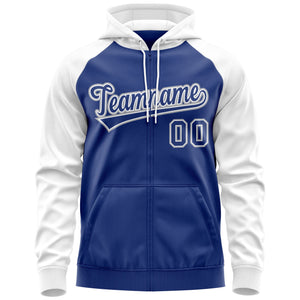 Custom Stitched Royal White-Gray Raglan Sleeves Sports Full-Zip Sweatshirt Hoodie