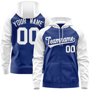 Custom Stitched Royal White Raglan Sleeves Sports Full-Zip Sweatshirt Hoodie