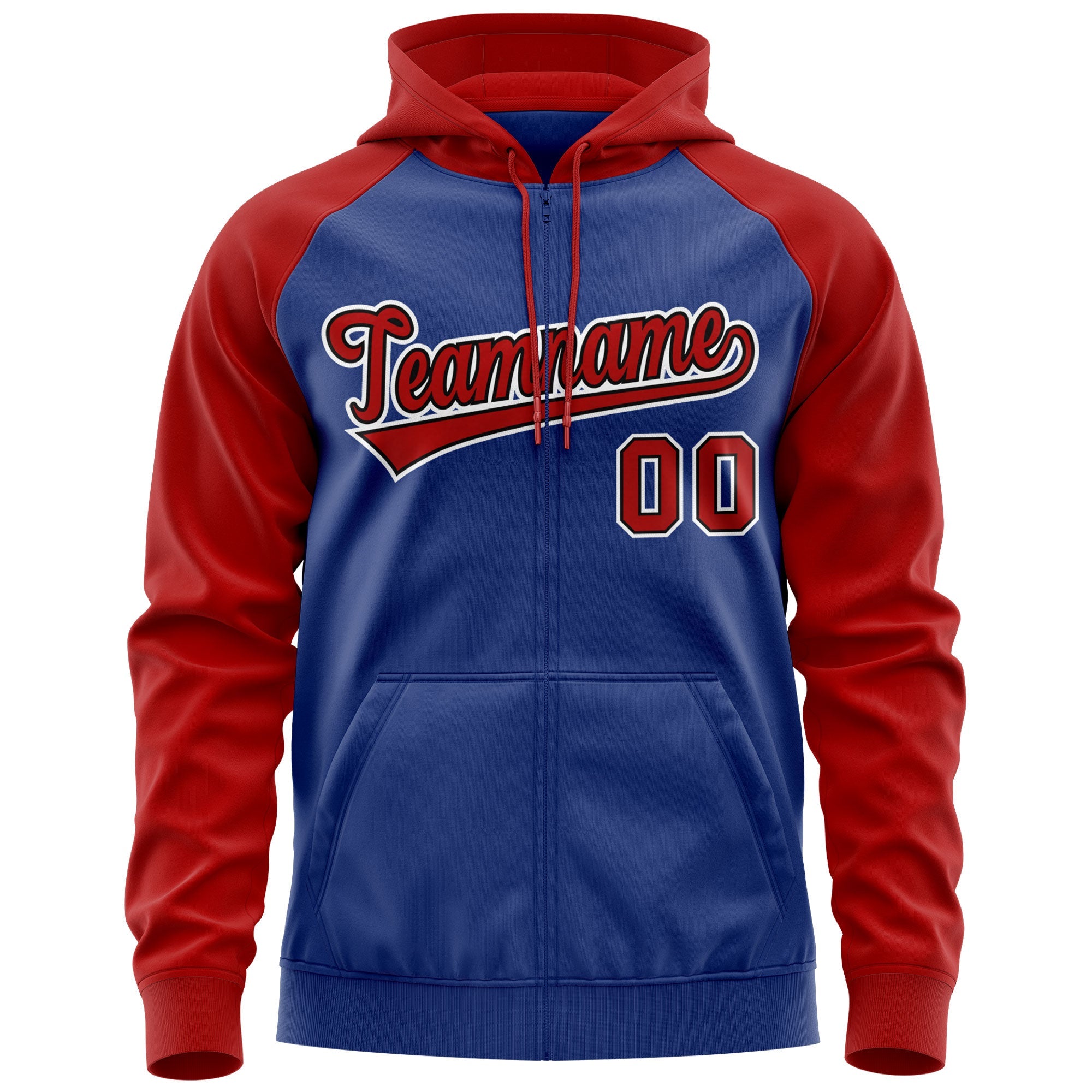 Custom Stitched Royal Red-White Raglan Sleeves Sports Full-Zip Sweatshirt Hoodie