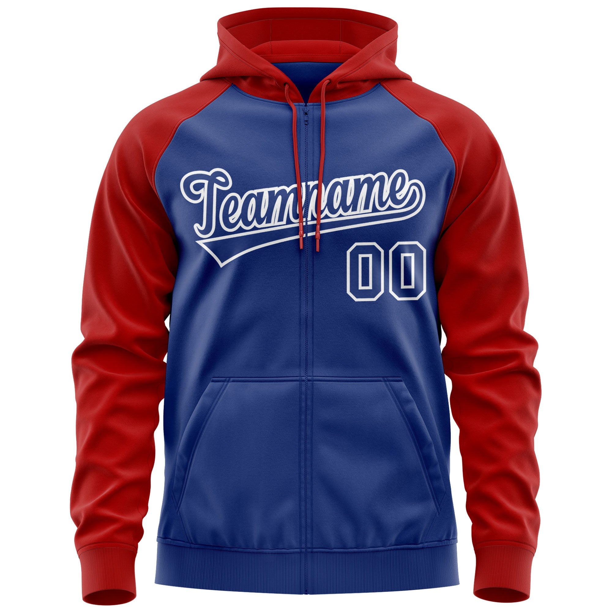 Custom Stitched Royal Red-White Raglan Sleeves Sports Full-Zip Sweatshirt Hoodie