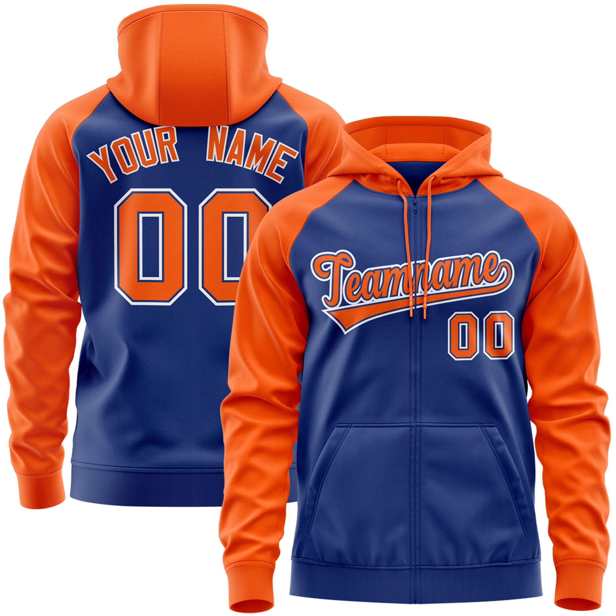 Custom Stitched Royal Orange-White Raglan Sleeves Sports Full-Zip Sweatshirt Hoodie