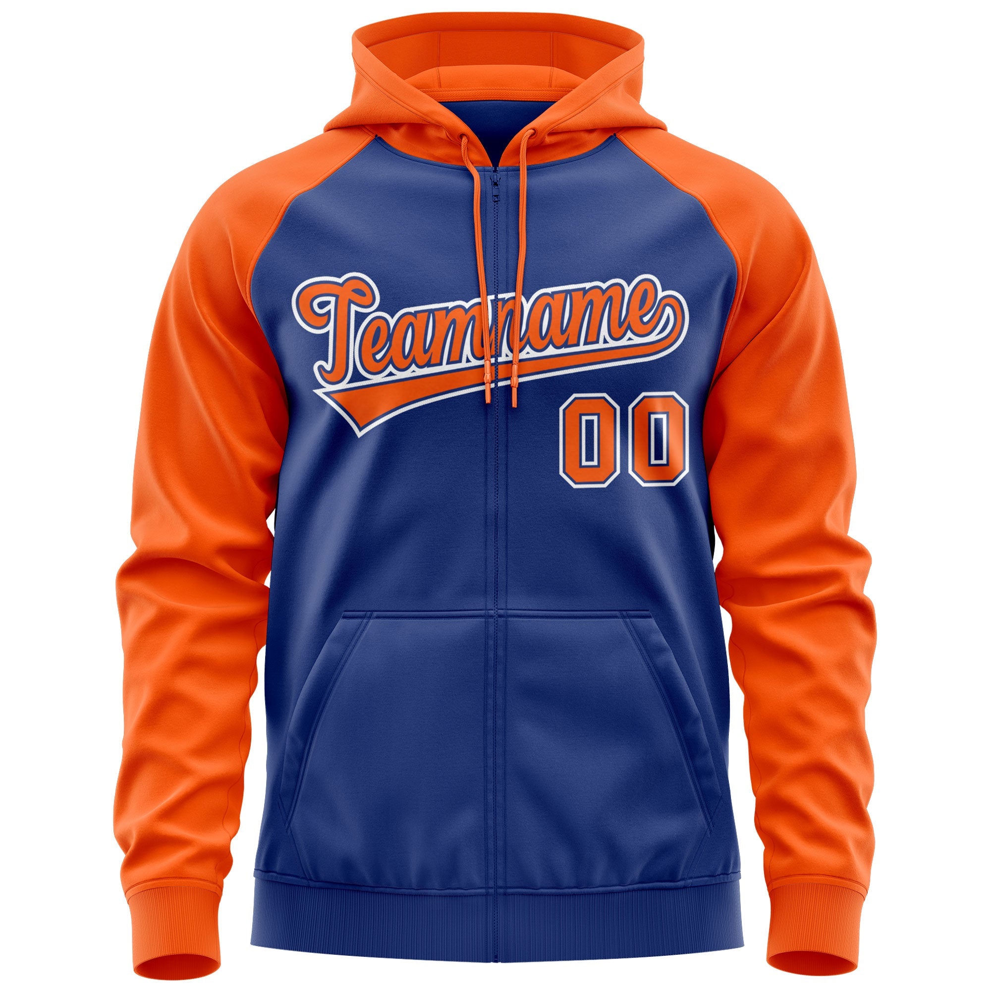 Custom Stitched Royal Orange-White Raglan Sleeves Sports Full-Zip Sweatshirt Hoodie