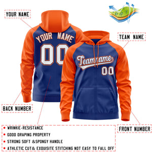 Custom Stitched Royal White-Orange Raglan Sleeves Sports Full-Zip Sweatshirt Hoodie