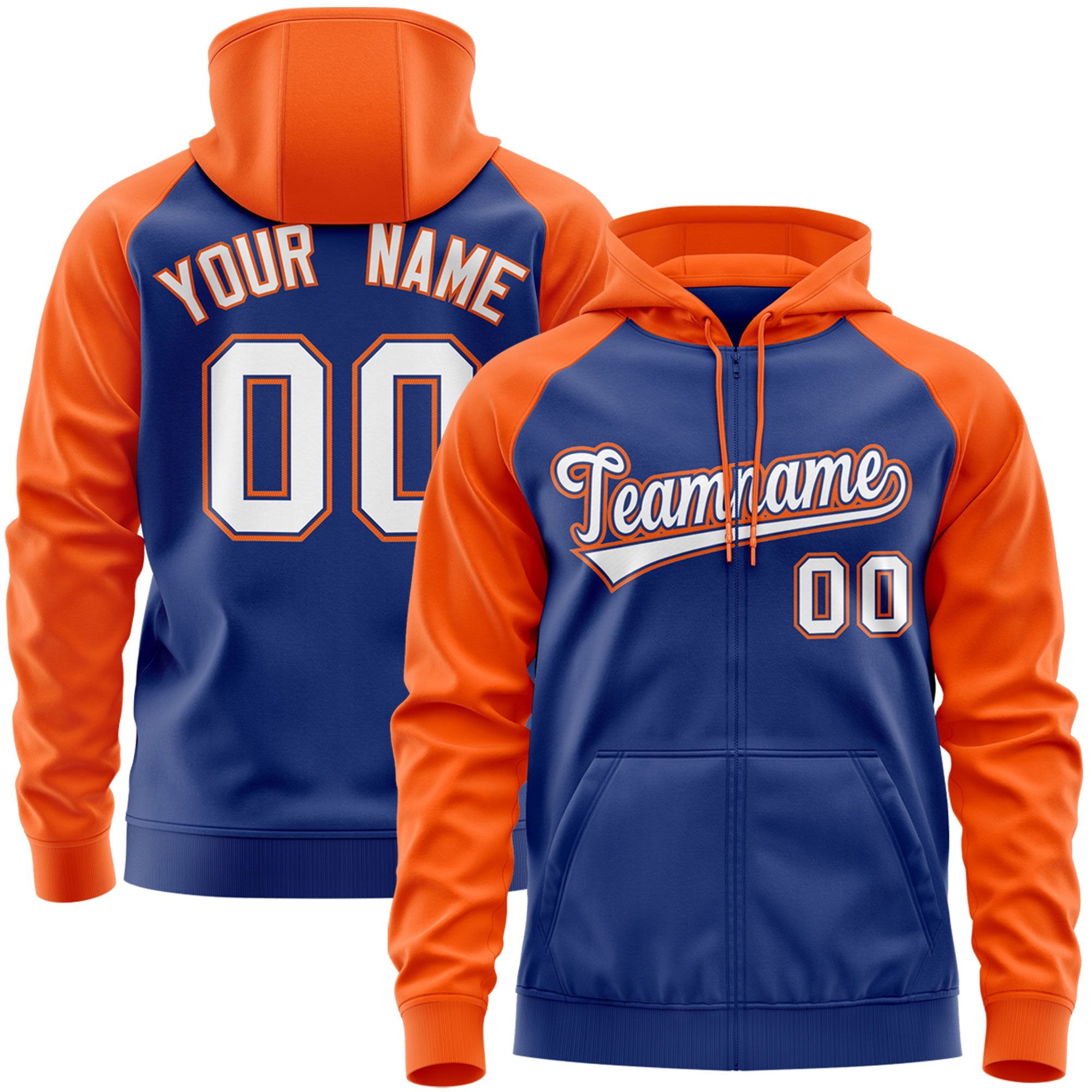 Custom Stitched Royal White-Orange Raglan Sleeves Sports Full-Zip Sweatshirt Hoodie