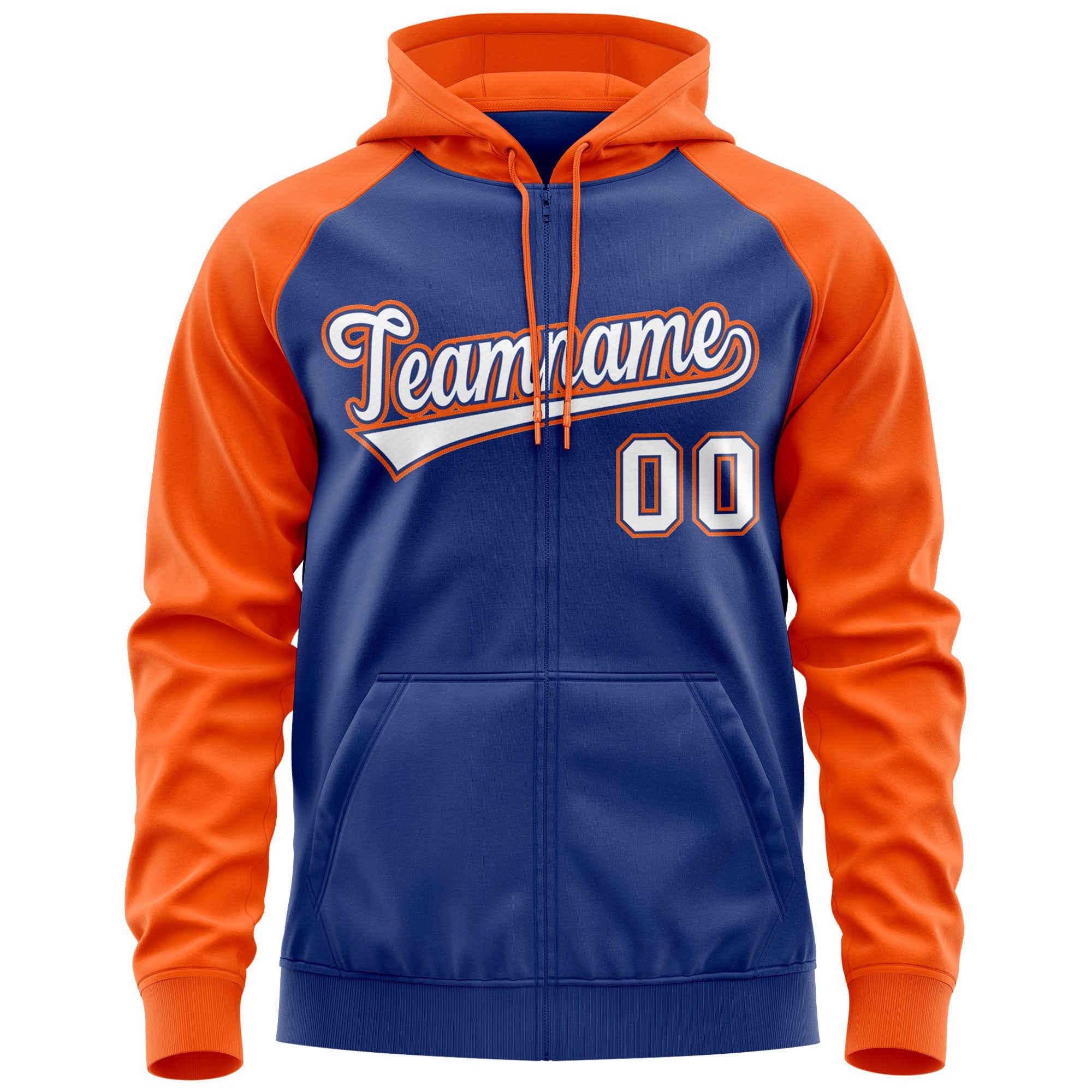 Custom Stitched Royal White-Orange Raglan Sleeves Sports Full-Zip Sweatshirt Hoodie