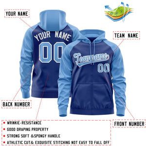 Custom Stitched Royal Light Blue-White Raglan Sleeves Sports Full-Zip Sweatshirt Hoodie