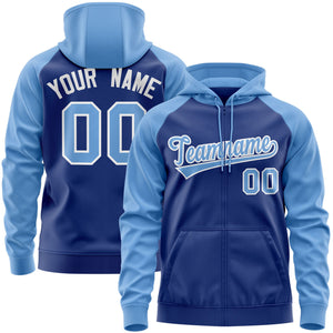 Custom Stitched Royal Light Blue-White Raglan Sleeves Sports Full-Zip Sweatshirt Hoodie