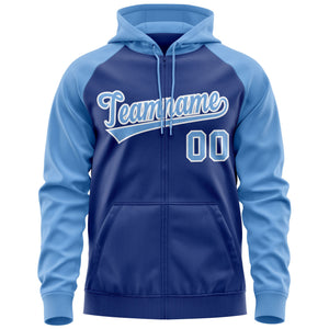 Custom Stitched Royal Light Blue-White Raglan Sleeves Sports Full-Zip Sweatshirt Hoodie