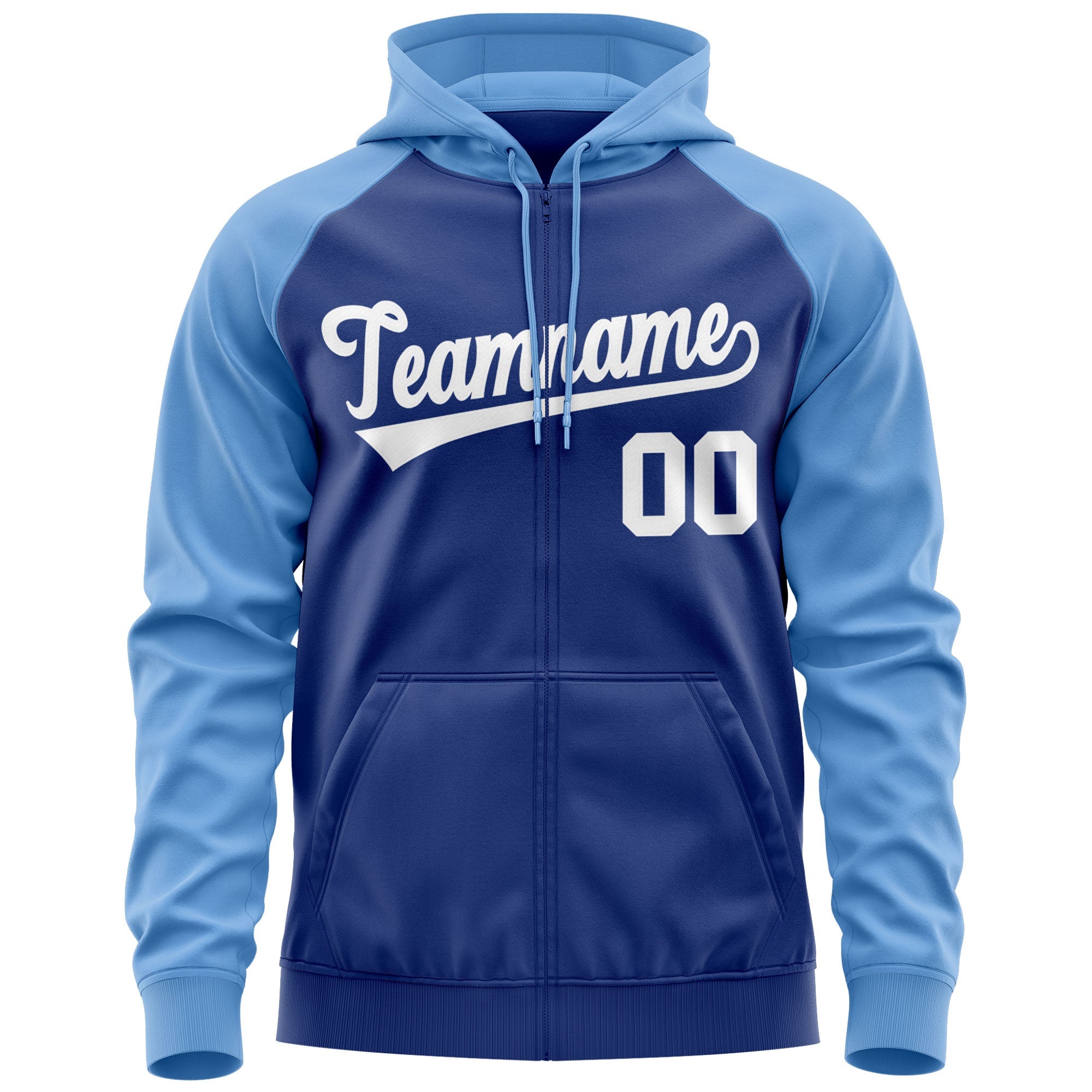 Custom Stitched Royal White-Light Blue Raglan Sleeves Sports Full-Zip Sweatshirt Hoodie