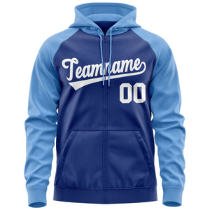 Custom Stitched Royal White-Light Blue Raglan Sleeves Sports Full-Zip Sweatshirt Hoodie