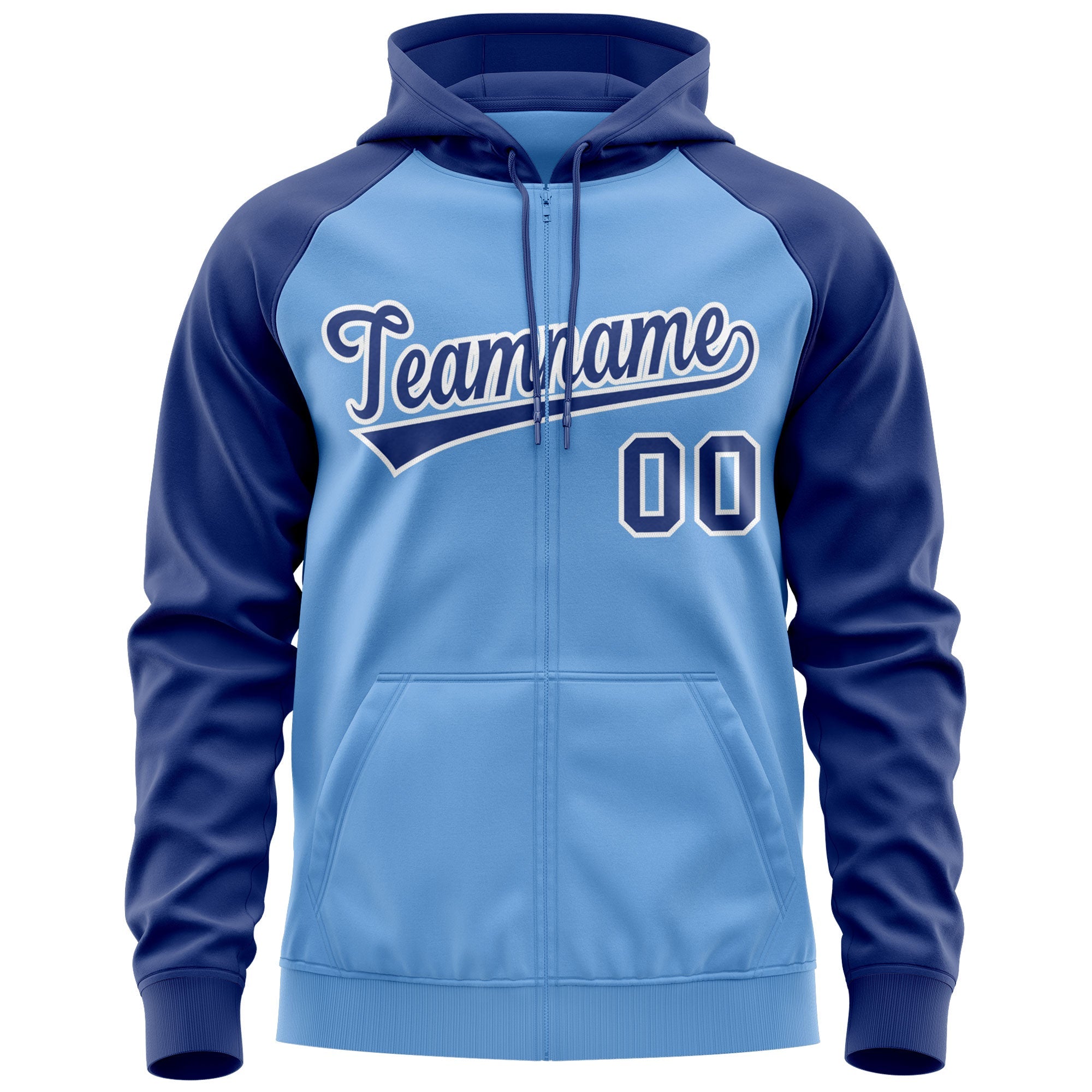 Custom Stitched Light Blue Royal-White Raglan Sleeves Sports Full-Zip Sweatshirt Hoodie