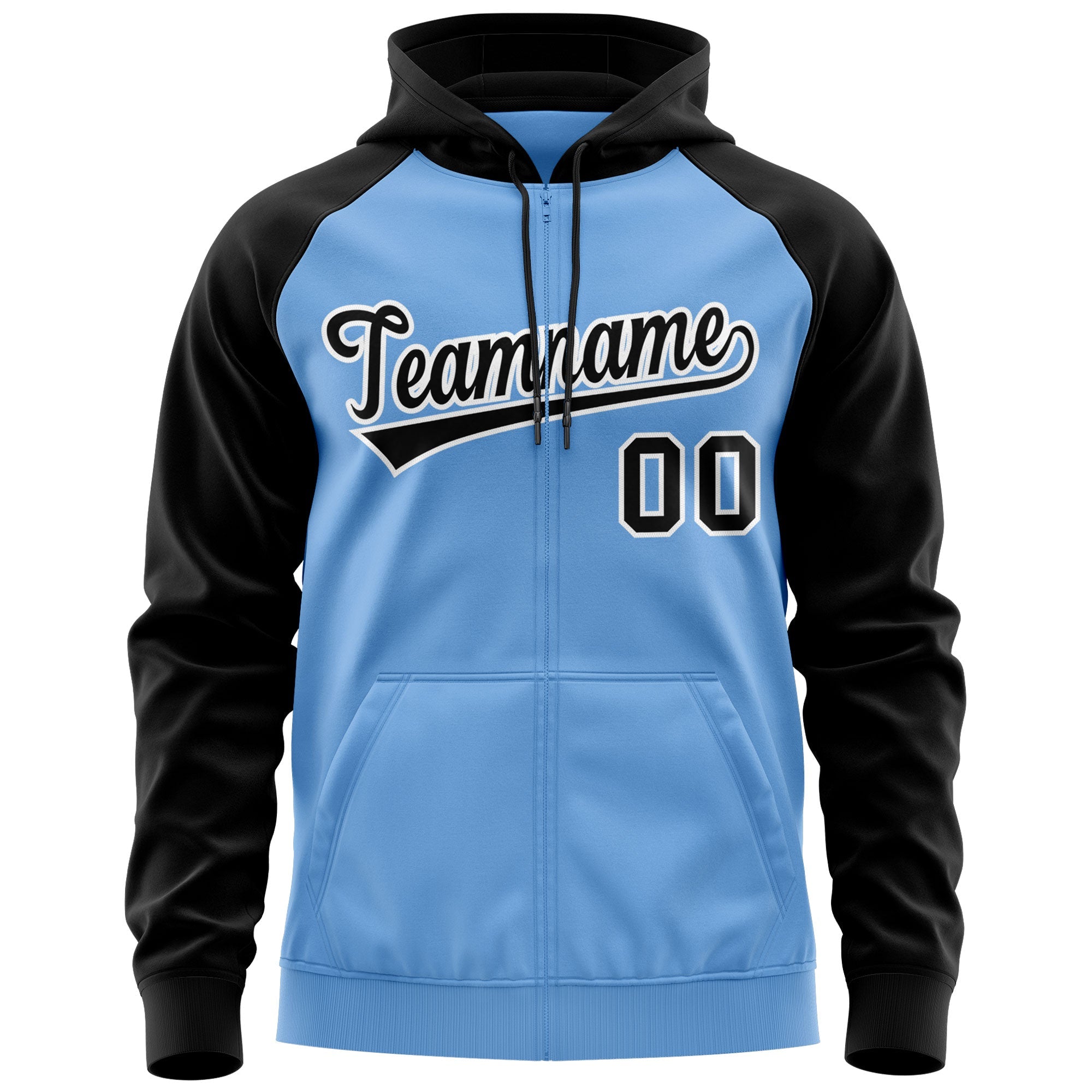 Custom Stitched Light Blue Black-White Raglan Sleeves Sports Full-Zip Sweatshirt Hoodie