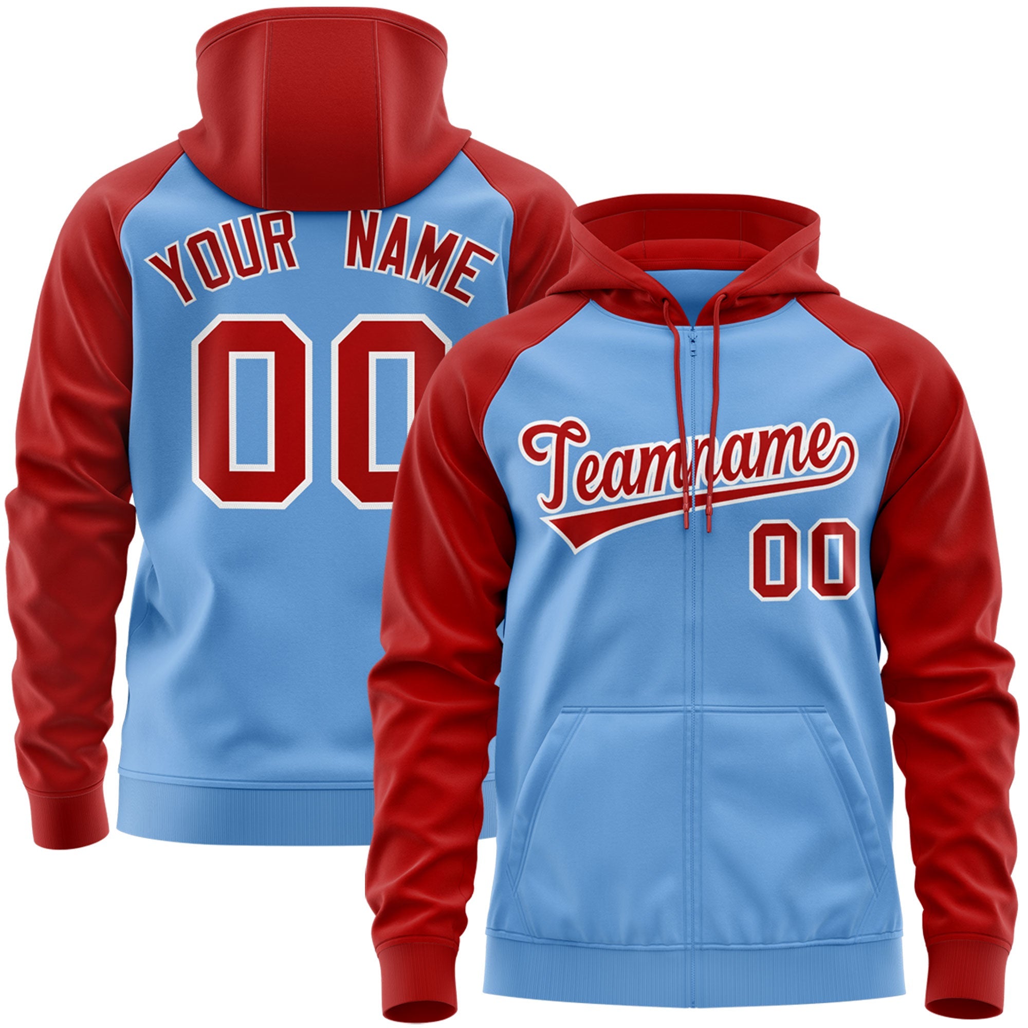 Custom Stitched Light Blue Red-White Raglan Sleeves Sports Full-Zip Sweatshirt Hoodie