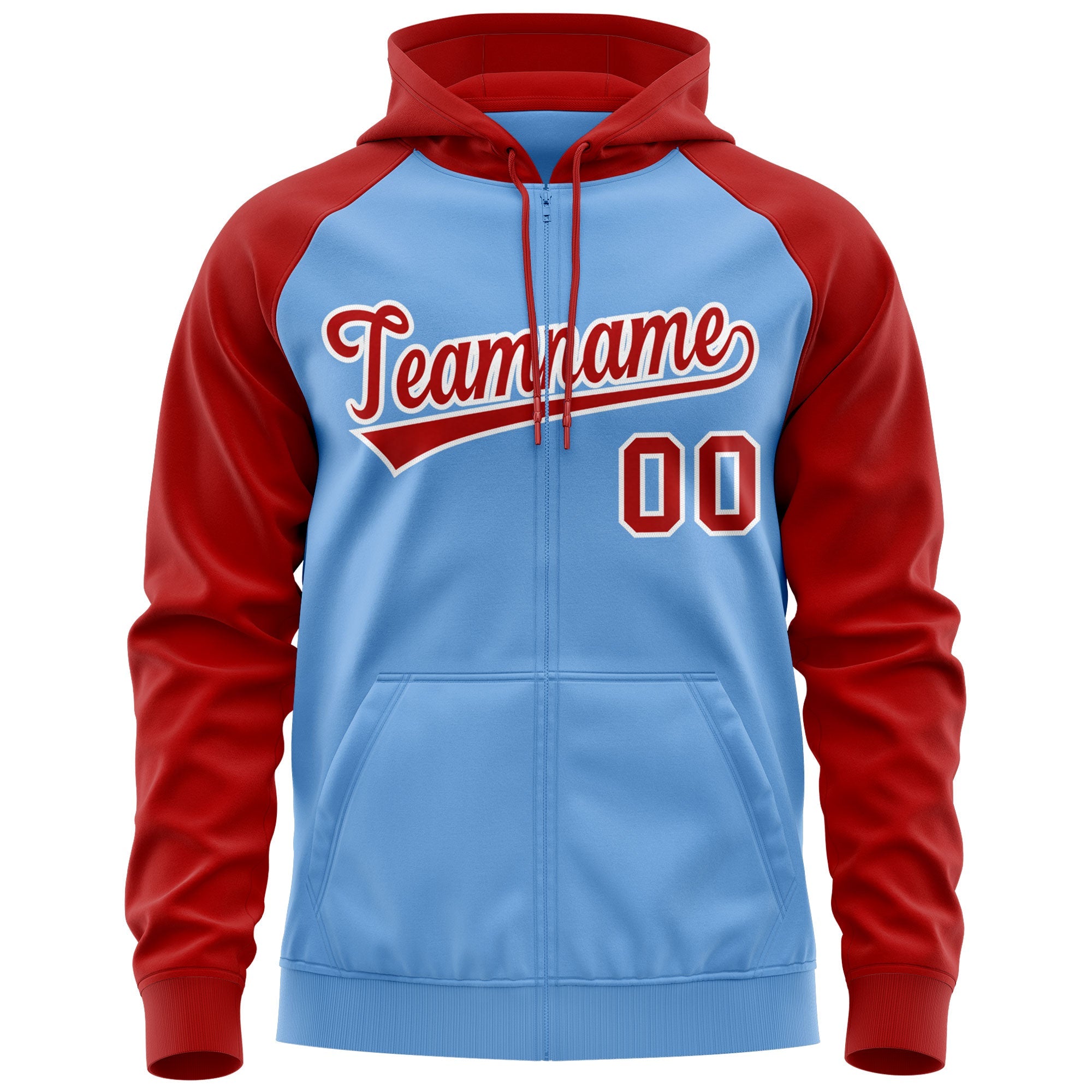 Custom Stitched Light Blue Red-White Raglan Sleeves Sports Full-Zip Sweatshirt Hoodie