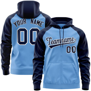 Custom Stitched Light Blue Navy-White Raglan Sleeves Sports Full-Zip Sweatshirt Hoodie