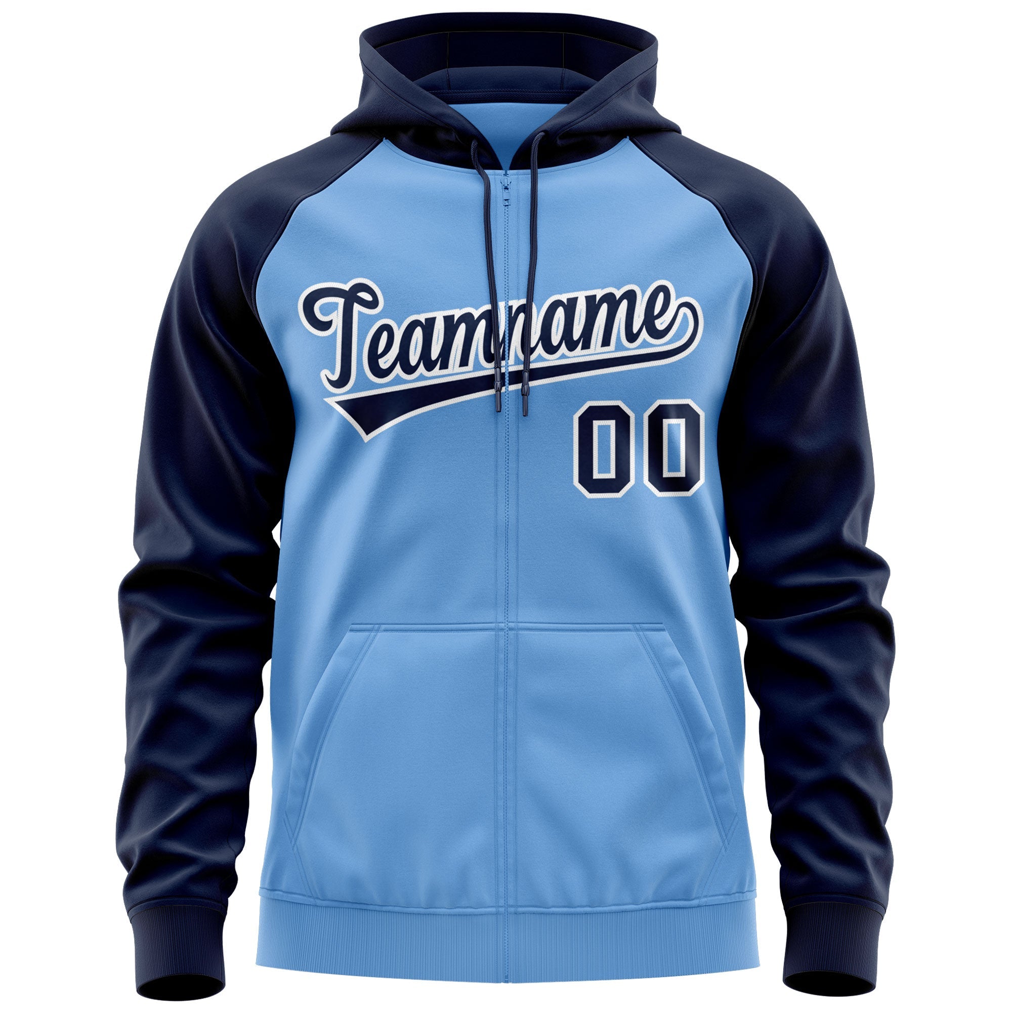 Custom Stitched Light Blue Navy-White Raglan Sleeves Sports Full-Zip Sweatshirt Hoodie