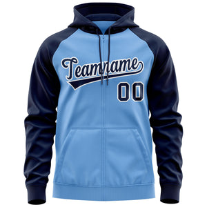 Custom Stitched Light Blue Navy-White Raglan Sleeves Sports Full-Zip Sweatshirt Hoodie